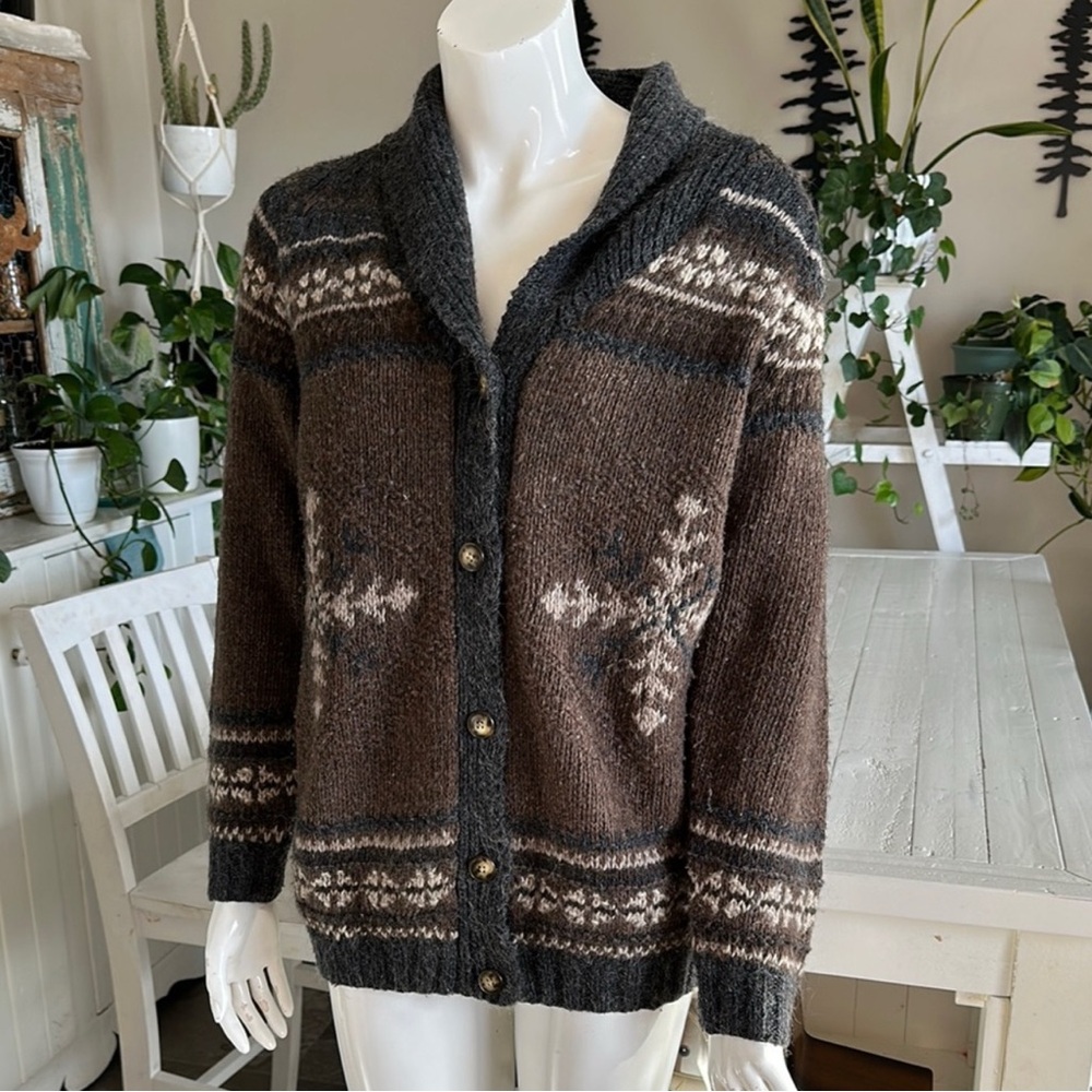 Eddie Bauer Nanaimo Handknit Brown Merino Wool Cozy Cardigan MOHAIR/MERINO